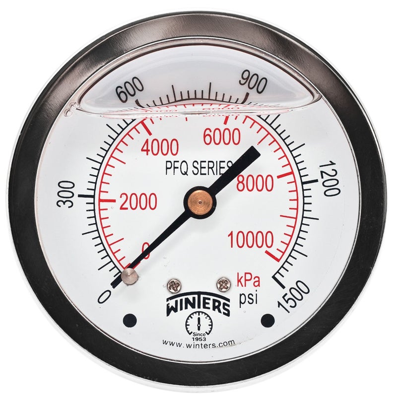 Winters 2-1/2" Dial Size, Liquid Filled Industrial Pressure Gauge, Brass Internals, Stainless Steel Case, Dual Scale 0-1,500 psi/kPa, 1.5% Acc, 1/4" NPT Back Mount, Glycerin Filled Pressure Gauge